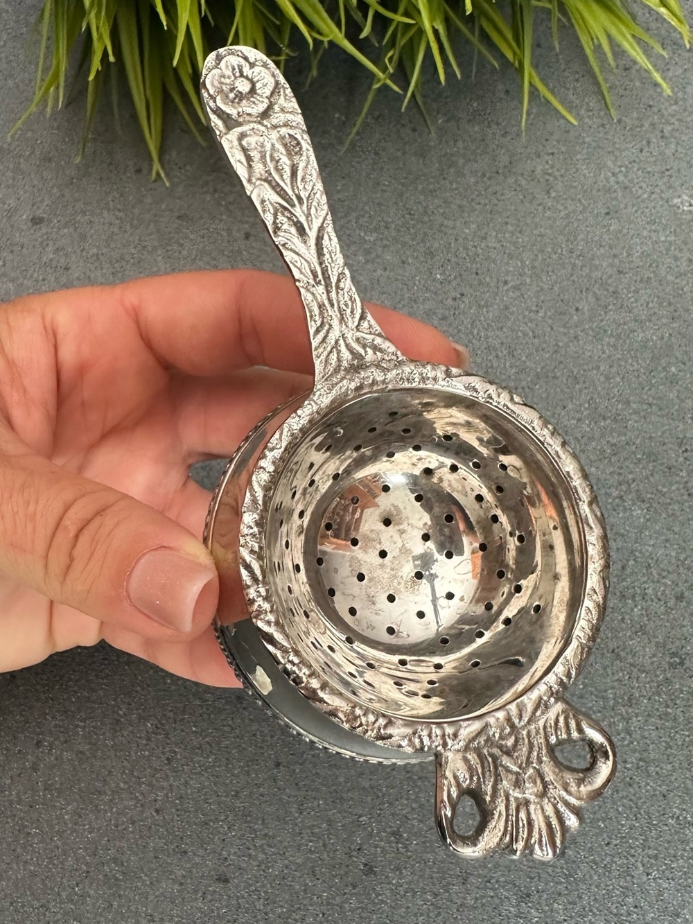 Antique Silver Plate Tea Bag Strainer Basket Spoon